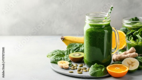A glass mason jar filled with green smoothie is accompanied by fresh spinach leaves, banana, kiwi, and ginger on a gray surface against a light background