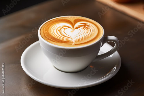 Close up heart shape latte art on wood table,cappuccino art, Generated AI