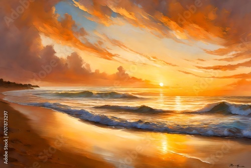 A serene, golden-hued sunset painting the sky over a tranquil beach with gentle waves lapping the shore.