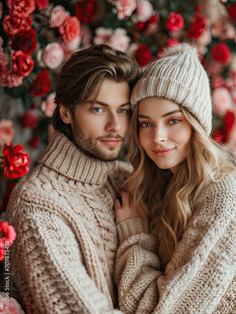 beautiful happy couple celebrating Valentine's Day on roses background beautiful happy couple celebrating Valentine's Day on roses background