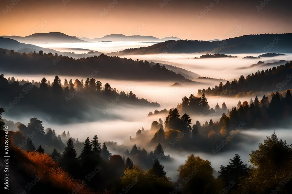 A serene, misty morning over a tranquil valley blanketed in layers of soft, rolling fog.