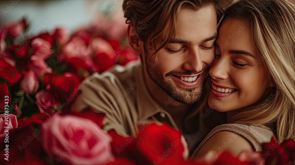 beautiful happy couple  celebrating Valentine's Day on roses background