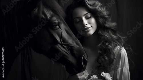 A beautiful young woman in a black dress stands with a big black horse