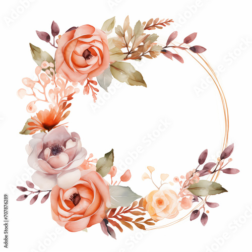 Round Wreaths, floral frames, watercolor flowers, orange roses, Illustration hand painted. Isolated on white background. Perfectly for greeting card design, wedding stationary invitation  photo