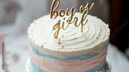 A cake for gender reveal party with gold 