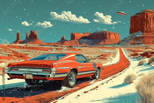 A Poster Retro futuristic seventies car escaping from a flying saucer laser attack in monument valley desert
