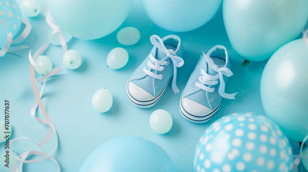 A pair of blue newborn baby shoes sneakers next to blue different sized blue balloons, gender reveal, baby shower, pregnancy, pregnant, baby, expecting, oh baby - obrazy, fototapety, plakaty 