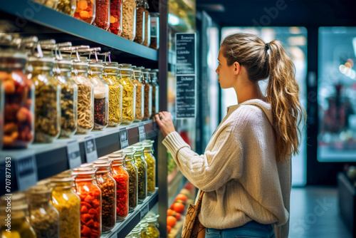A gorgeous young lady in a great mood spends her time shopping at a large grocery supermarket or supermarket. A selection of high-quality and delicious products. photo