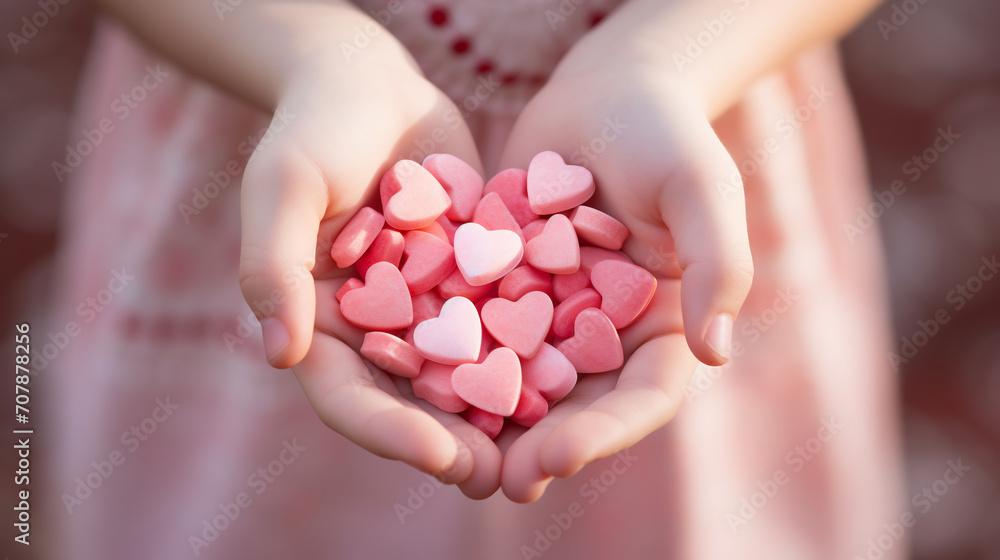 Close up of happy little girl holding heart shape candy Close up of happy little girl holding heart shape candy