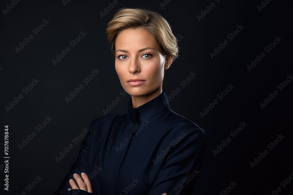 Woman business leader portrait in office background. Happy International Woman’s Day concept. Caucasian successful confident professional businesswoman in suit. Copy space.