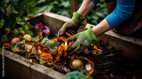 Close up person hands compositing food waste in compost bin garden