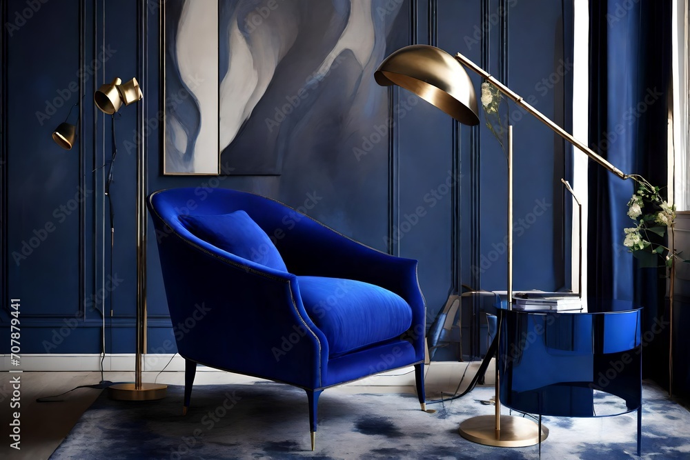 A deep cobalt blue armchair paired with a modern metallic floor lamp. - obrazy, fototapety, plakaty 
