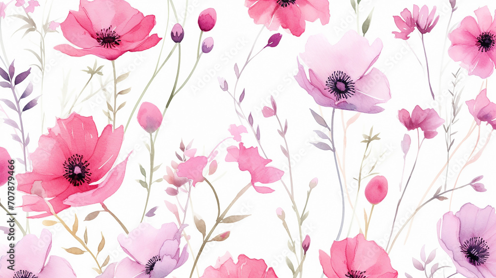 pink flower garden watercolor seamless pattern on white background