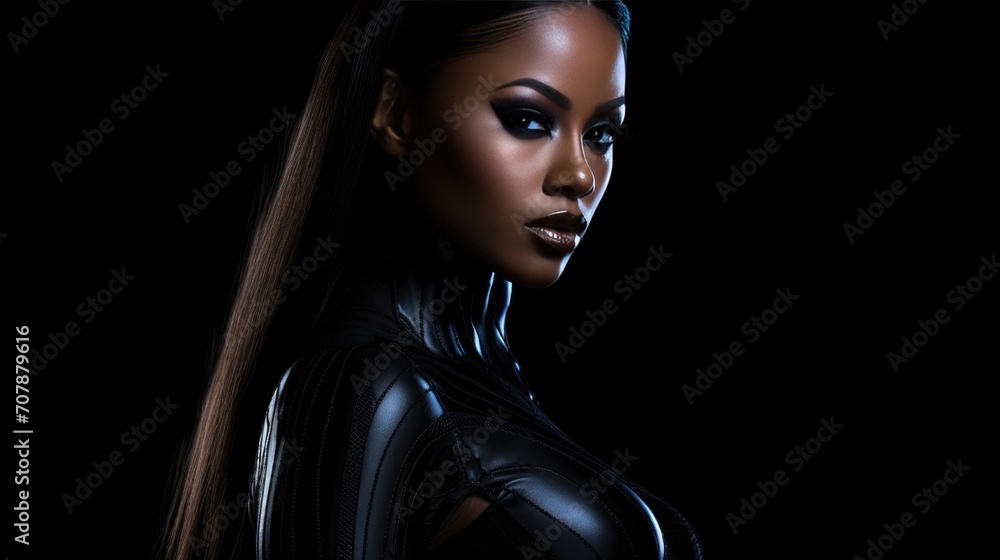Fototapeta premium African American woman in black clothes portrait on black background. Beautiful African chic stylish lady close-up..