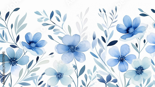 pretty blue floral watercolor seamless pattern on white background