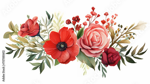 beautiful floral design with red green flower garden watercolor arrangement on white background photo