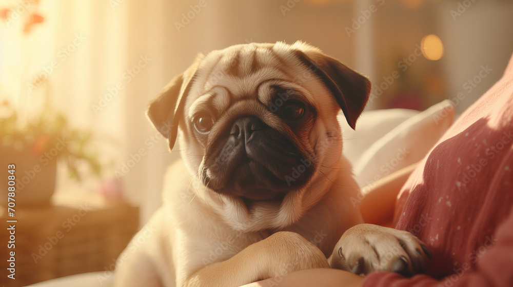 english bulldog puppy in the hand of woman, cute pug in the evening lights, cute pet sitting in the arms