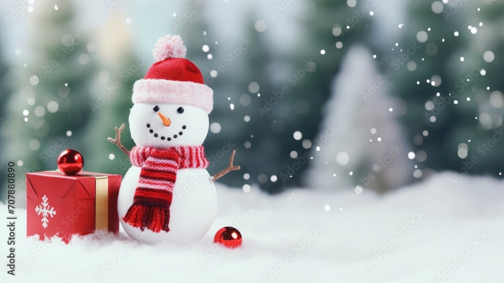 Snowman in red hat and scarf with pumpon on the background of winter forest, next to gift box. Decorated Christmas tree. New Year and Christmas. Place for text.