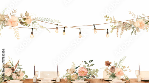 rehearsal dinner theme with vintage floral and string light on white background photo