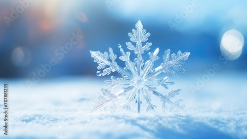 One large white snowflake on the snow on blue blurred background of the side. A place for the text. New Year's background. A Christmas card.