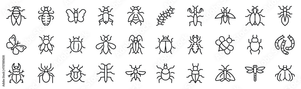 Set of 30 outline icons related to insects. Linear icon collection. Editable stroke. Vector illustration - obrazy, fototapety, plakaty 