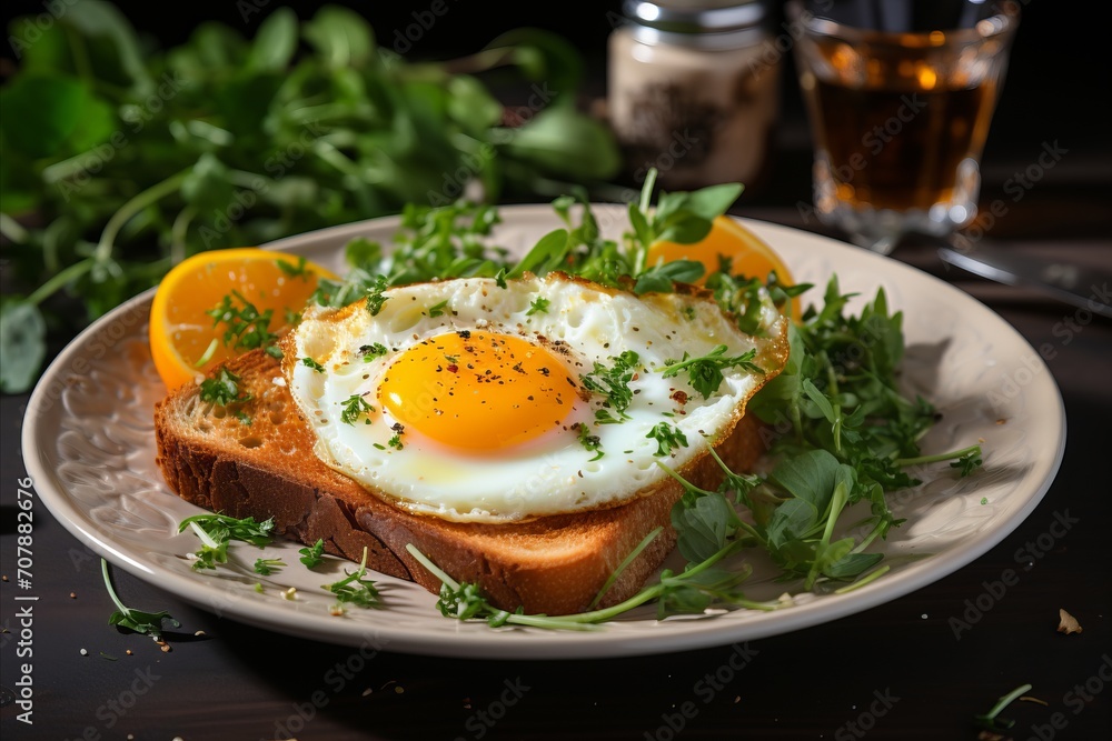Traditional breakfast with fried eggs, toast and salad on the plate. Traditional breakfast with fried eggs, toast and salad on the plate.