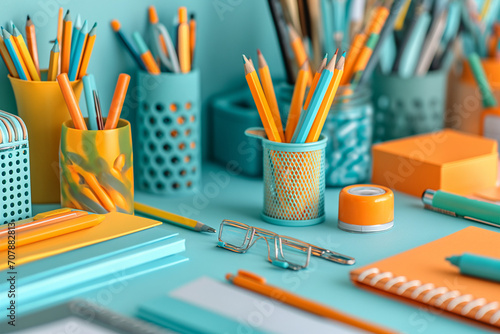 School supplies, school backpack, notebooks, pens and pencils, pencil case, textbooks. Back to school. Knowledge and learning concept. Flat lay. Space for text.Copy space photo