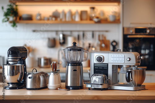 Different household appliances on table in kitchen. Household appliances on the background of a modern kitchen. Coffee machine, toaster, oven, microwave, mixer, blender, electric kettle. 