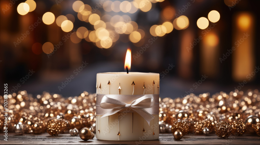 burning candlelights on abstract blurred bokeh light background, golden bright color for warm festive atmosphere, holiday celebration concep