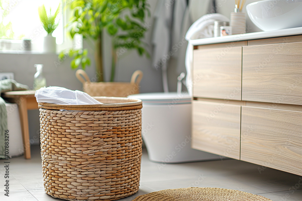 Laundry basket on a blurred background of a modern washing machine in a bathroom interior. Basket with dirty laundry on floor in bathroom. Washing concept. Place for text. Copy space.