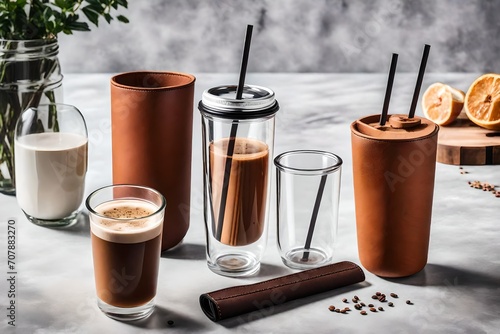 450ml Glass Tumbler with Straw, Lid & Leather Sleeve, Leather Sleeve With Protective Leather Sleeve, Reusable Glass Coffee Tumble white view photo