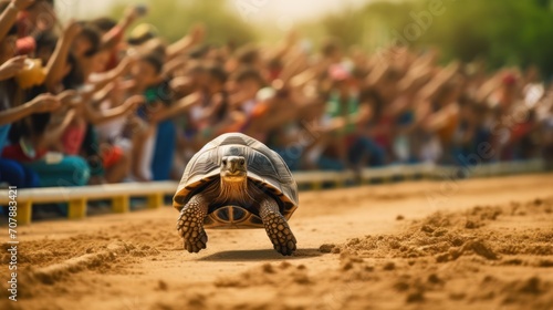 turtle walking down a red track in a concept of racing or getting to a goal no matter how long it takes, people on both sides of the track watching, concept of Tortoise and the Hare. photo