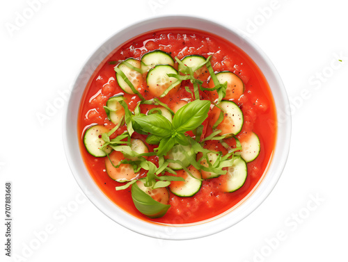 Tomato Soup with Basil and Cucumber, Top view, isolated on a transparent or white background