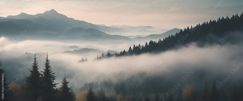 Fototapeta premium Beautiful View of Misty Mountain Forest Landscape Ultrawide 4k Wallpaper Photo