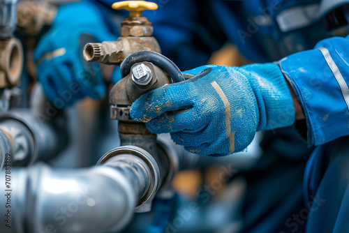 Plumbing work concept. A plumbing technician uses a wrench to repair a water pipe. Maintenance concept, fixing tap water leaks, replacing drains and cleaning clogged pipes from dirt or rust.