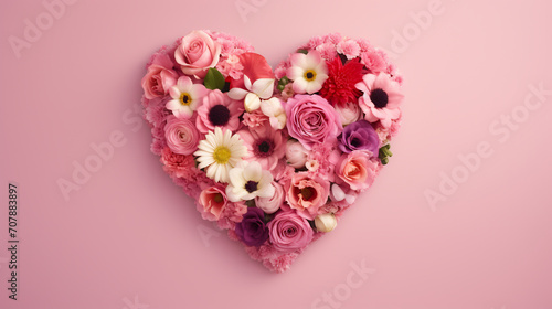 Beautiful heart made of beautiful flowers on a pastel pink background photo