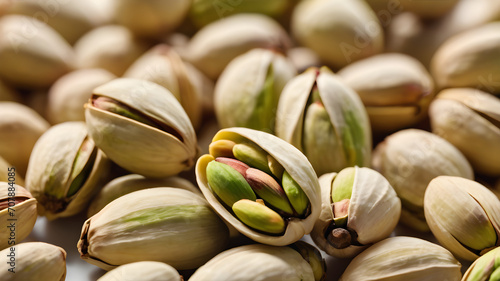 heap of pistachios on a white isolated background, top view