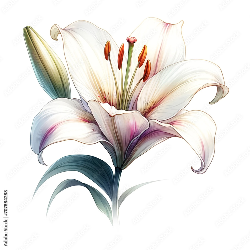 A single lily flower is illustrated in a watercolor style on a white background. watercolor clipart, floral clipart A single lily flower is illustrated in a watercolor style on a white background. watercolor clipart, floral clipart