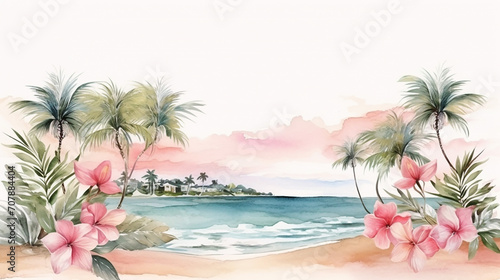 wedding floral with beach and palm tree watercolor on white background
