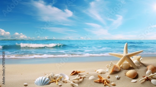 Seashells and Starfish on Sunny Beach with Waves  Summer Vacation Concept