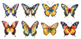 Watercolor butterflies set isolated on transparent background. 