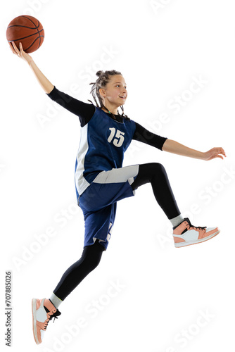 Young female basketball player in mid-action, executing layup or dunk against transparent background. Concept of sport, hobby, energy, active lifestyle, movement. Championship 2024.