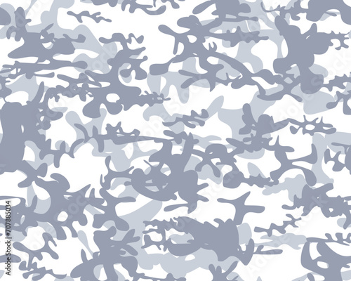 Abstract Army Brush. Blue Modern Pattern. Camo White Canvas. Military Vector Camoflage. Hunter Woodland Camouflage. Fabric Snow Pattern. Snow Camo Print. Digital Camouflage. Gray Seamless Paint.