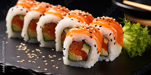 Delicious Fresh Sushi Dinner: Traditional Japanese Salmon Roll on Gourmet Rice with Healthy Seafood and Tasty Avocado, Surrounded by Fresh Seaweed and served on a Plate.