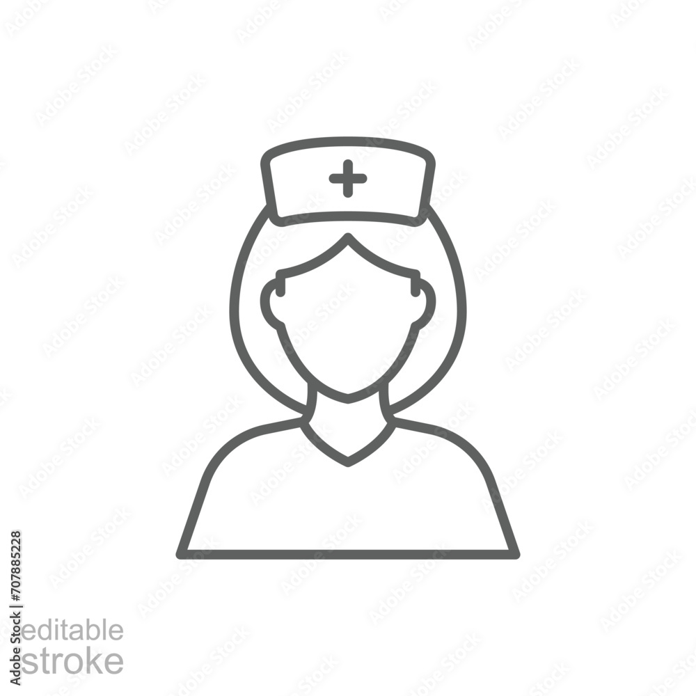 Nurse icon. Simple outline style. Medical assistant, female, woman, medic, doctor, health, medicine, hospital concept. Thin line symbol. Vector isolated on white background. Editable stroke SVG.