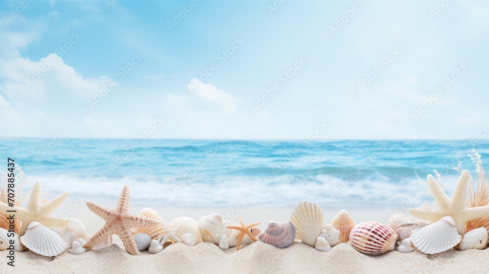 Seashells and Starfish on Sunny Beach with Waves, Summer Vacation Concept