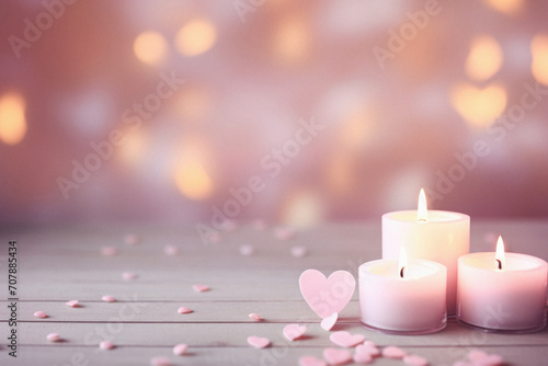 Valentines day background with candles and hearts on wooden planks.