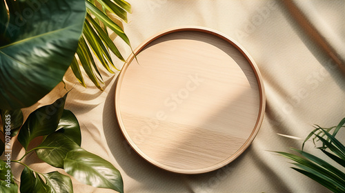 top view minimal round wooden tray plate on wood plate with sunlight simple design photo