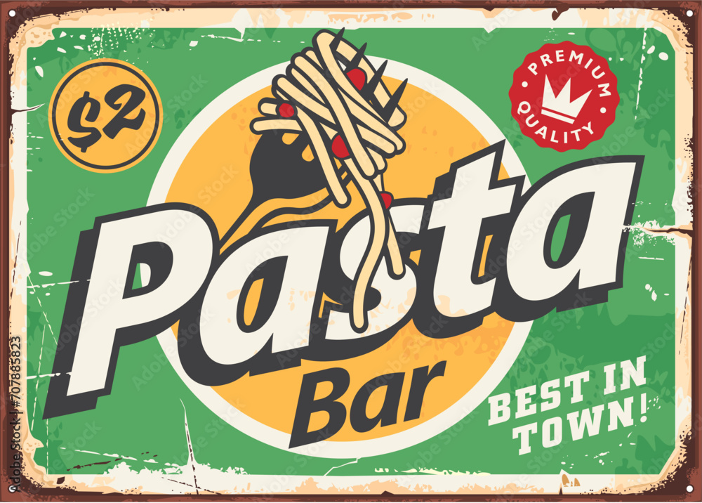 custom made wallpaper toronto digitalRetro menu poster design for pasta bar. Fork with spaghetti vintage advertising sign layout. Italian restaurant fast food vector illustration.