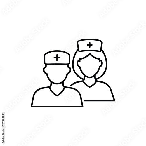 Medical team icon. Simple outline style. Nurse, male, female, man, woman, medic, doctor, health, medicine, hospital concept. Thin line symbol. Vector isolated on white background. SVG.